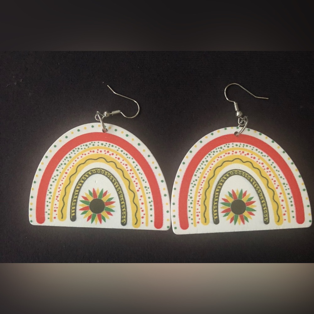 Juneteenth Inspired Rainbow Sunburst Dangle Earrings - White, Red, Yellow, Green